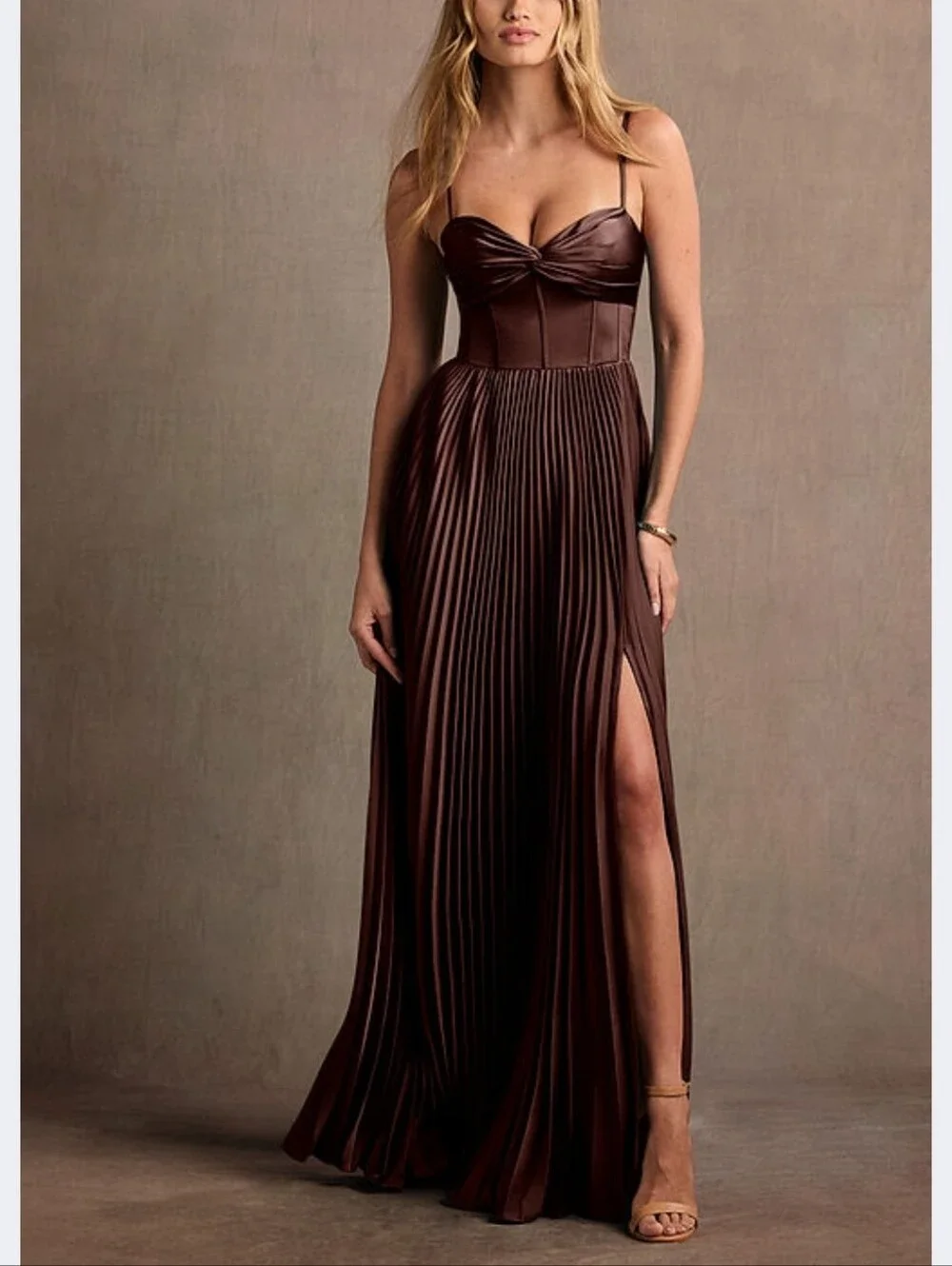 Azazie Styla Mocha Coco Pleated Maxi Dress NWT